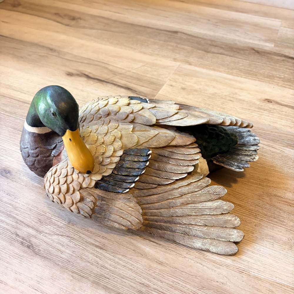 Vtg Large 12" Mallard Duck Preening Figurine Hand Painted Resin Decor